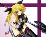  bardiche blonde_hair breast_squeeze breasts fate_testarossa large_breasts lyrical_nanoha mahou_shoujo_lyrical_nanoha_strikers n820 solo thighhighs 