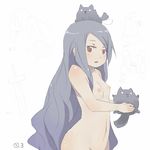  animal animal_on_head bad_id bad_pixiv_id cat cat_on_head flat_chest jitsu_hidari long_hair nipples nude on_head original sketch solo ukuel 