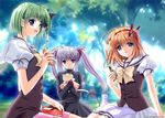  blue_eyes fuyou_kaede green_hair multiple_girls nishimata_aoi obentou official_art orange_hair picnic primula purple_eyes purple_hair school_uniform shigure_asa shuffle! suzuhira_hiro twintails 