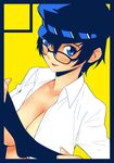  :p black_border blue_border blue_eyes blue_hair border breasts cabbie_hat circle_cut cleavage glasses hat large_breasts open_clothes open_shirt persona persona_4 shirogane_naoto shirt short_hair solo tongue tongue_out yurikawa 