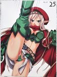  alleyne_(queen's_blade) beret blonde_hair blue_eyes blush breasts elf gloves hat high_kick kicking large_breasts leaf_panties leaf_print long_hair matsuryuu midriff miniskirt navel panties pointy_ears print_panties queen's_blade skirt solo thighhighs underwear 