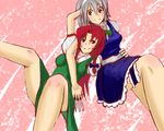  blush breasts hong_meiling izayoi_sakuya knife long_hair medium_breasts multiple_girls red_eyes red_hair ribbon short_hair silver_hair touhou usotsuki_(eroringo) 