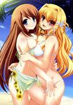  absurdres beach blonde_hair blue_eyes blush breast_press breasts brown_hair cloud day highres long_hair medium_breasts multiple_girls nipple_slip nipples ocean outdoors palm_tree purple_eyes satsuki_yuzuha shin_genre_esudere!! sky suzutaka_mariarose sweat symmetrical_docking tree yukizuki_chikuba yuri 