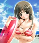  beach bikini blue_eyes breasts brown_hair cloud copyright_request day innertube large_breasts outdoors sky solo striped striped_bikini swimsuit washimi_tsutomu 