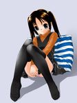  black_hair black_legwear blue_eyes blush full_body horizontal_stripes kotomi_youji long_hair looking_at_viewer original pillow solo striped thighhighs twintails 