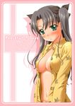  black_hair blush breasts cleavage covered_nipples fate/stay_night fate_(series) green_eyes hair_ribbon highres large_breasts midriff navel open_clothes open_shirt pajamas ribbon shirt sin-go solo toosaka_rin two_side_up 