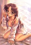  absurdres adjusting_eyewear alternate_hairstyle arm_support barefoot bed blush bottomless breasts brown_eyes brown_hair cleavage collarbone glasses goto_p highres hoshina_tomoko long_hair medium_breasts naked_shirt off_shoulder open_clothes open_shirt parted_lips shirt sitting solo to_heart wariza 