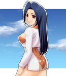  ahoge ass back blue_hair breasts cleavage cloud day idolmaster idolmaster_(classic) idolmaster_1 long_hair medium_breasts miura_azusa muhi11234 race_queen red_eyes see-through sky solo standing 