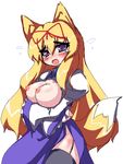  animal_ears blonde_hair breast_hold breasts dress eyebrows fox_ears fox_tail garter_straps kemonomimi_mode large_breasts long_hair nipples no_hat no_headwear oborotsuki_kakeru oekaki open_clothes purple_eyes ribbon side_slit solo tail tears thighhighs touhou yakumo_yukari 