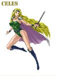  alltime bad_id bad_pixiv_id blonde_hair boots breasts cape celes_chere character_name final_fantasy final_fantasy_vi green_leotard headband large_breasts leotard long_hair solo sword very_long_hair weapon 