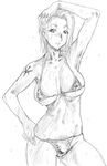  armpits bikini breasts copyright_request fujito greyscale hand_on_hip large_breasts micro_bikini monochrome short_hair sketch solo swimsuit tattoo underboob wet 