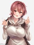  1girl alternate_costume bangs black_vest blush breasts commentary_request fangs hair_between_eyes hood hoodie juurouta kantai_collection kinu_(kantai_collection) large_breasts looking_at_viewer open_mouth orange_eyes paw_pose red_hair short_hair solo vest 
