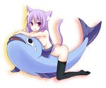  animal_ears breasts cat_ears fish kubyou_azami nude original purple_eyes purple_hair solo tail thighhighs 