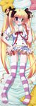  absurdres blonde_hair blush cameltoe hair_ribbon heterochromia highres hoshiful hoshikawa_ruka ikegami_akane incredibly_absurdres long_image lying panties ribbon scan scan_artifacts skirt solo stick_poster striped striped_legwear striped_panties tall_image thighhighs twintails underwear 