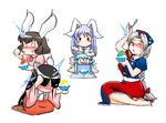  animal_ears azuki_osamitsu barefoot black_hair blue_eyes blush brain_freeze breasts bunny bunny_ears chibi cirno feet food hat headache houraisan_kaguya ice ice_shaver inaba_tewi long_hair medium_breasts multiple_girls o_o reisen_udongein_inaba ribbon shaved_ice short_hair silver_hair themed_object touhou white_hair yagokoro_eirin 