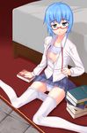  bad_id bad_pixiv_id blue_eyes blue_hair book breasts gin_(ginshari) highres open_clothes open_shirt panties pantyhose pantyhose_pull shirt short_hair sitting small_breasts solo tabitha underwear white_legwear zero_no_tsukaima 