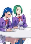  akimoto_komachi blue_hair blush green_hair implied_fingering l'ecole_des_cinq_lumieres_school_uniform minazuki_karen multiple_girls non-web_source precure purple_skirt school_uniform skirt smile sweat under_table yes!_precure_5 yuri 