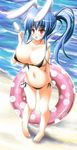  animal_ears beach bikini blue_hair blush breasts bunny_ears copyright_request covered_nipples day food huge_breasts ice_cream outdoors popsicle red_eyes side-tie_bikini solo stem swimsuit water 