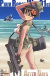  arm_up ass beach bikini bird black_gloves black_hair breasts brown_eyes covered_nipples crab dark_skin day fingerless_gloves flower food from_side gloves gun hair_flower hair_ornament hat hat_removed headwear_removed hibiscus holding holding_hat kuroyagi large_breasts legs_apart looking_at_viewer military mouth_hold ocean original outdoors popsicle short_hair single_glove solo swimsuit watch watermelon_bar weapon white_bikini wristwatch 