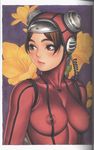  absurdres bodysuit breasts brown_eyes brown_hair cable flower highres large_breasts lips mechanical original scan skin_tight solo tsukasa_jun wetsuit 