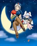  :x animal_ears azuki_osamitsu black_hair blue_eyes blush book breasts brown_legwear bunny_ears carrot chibi crossed_legs hat inaba_tewi large_breasts long_hair moon multiple_girls reisen_udongein_inaba short_hair silver_hair sky thighhighs touhou very_long_hair white_hair yagokoro_eirin 