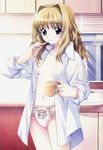  blonde_hair cross_channel cup diaper jpeg_artifacts mug nekoarc no_bra open_clothes open_shirt panties shirt sleeves_rolled_up solo third-party_edit toothbrush underwear yamanobe_miki 