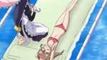  apron armpits arms_up barefoot bikini breasts brown_hair closed_eyes from_above hair_ornament inflatable_raft kneeling lane_line long_hair lowleg lowleg_bikini lying maid multiple_girls nanashiro_nanami nogizaka_haruka_no_himitsu nogizaka_mika on_back parasol pool red_bikini screencap small_breasts swimsuit umbrella 