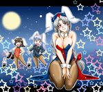  animal_ears azuki_osamitsu black_hair blue_eyes blush book bow bowtie braid breasts bunny bunny_ears bunny_girl bunny_tail bunnysuit cane carrot chibi cleavage detached_collar hat head_tilt heterochromia inaba_tewi kneeling large_breasts long_hair moon multiple_girls pantyhose red_eyes reisen_udongein_inaba short_hair silver_hair single_braid star tail touhou very_long_hair white_hair yagokoro_eirin 