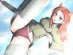  animal_ears blush cameltoe gun long_hair minna-dietlinde_wilcke panties red_eyes red_hair seki_suzume sky solo strike_witches striker_unit underwear uniform weapon world_witches_series 