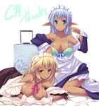  blonde_hair blue_eyes blue_hair bra breasts cleavage dark_skin elf gloves large_breasts lingerie long_hair lying maid multiple_girls on_stomach original pointy_ears shimakaze sitting underwear yellow_eyes 