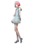  1girl arms_behind_back atlus bangs blue_dress blunt_bangs bracelet catherine:_full_body catherine_(game) dress flat_chest full_body green_eyes high_heels jewelry looking_at_viewer official_art petite pink_hair rin_(catherine) simple_background smile socks soejima_shigenori solo white_background white_legwear 