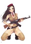  adapted_uniform ak-47 assault_rifle belt beret between_breasts black_eyes black_hair boots breasts cleavage copyright_request gun hat highres kneeling large_breasts long_hair military military_uniform necktie rifle solo tanaka_takayuki thighhighs uniform weapon wrist_cuffs 