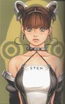  absurdres bodysuit breasts brown_hair cable collar earrings face gloves grey_eyes highres jewelry large_breasts lips original scan skin_tight solo tsukasa_jun 