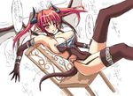  blush breasts chair cleavage copyright_request demon demon_girl elbow_gloves garters gloves horns huge_breasts nipple_slip nipples open_mouth pointy_ears red_eyes red_hair solo stem tail thighhighs translated twintails 