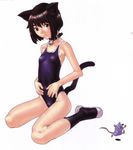  animal_ears bell bell_collar brown_eyes brown_hair cat_ears cat_tail collar copyright_request flat_chest hakua_ugetsu highres one-piece_swimsuit scan short_hair solo swimsuit tail 