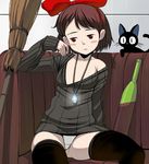  alcohol bow broom brown_eyes brown_hair cat company_connection couch hair_bow hairband hikouseki jewelry jiji_(majo_no_takkyuubin) kiki majo_no_takkyuubin masao necklace off_shoulder panties pantyshot parody ribbon short_hair studio_ghibli sweater tenkuu_no_shiro_laputa thighhighs underwear white_panties wine 