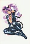  animal_ears antenna_hair bell bell_collar belt blue_eyes bodysuit boots breasts cat_ears cat_tail catsuit center_opening cleavage collar fake_animal_ears high_heel_boots high_heels highres homare_(fool's_art) large_breasts leather lipstick long_hair lying makeup nail_polish no_bra on_side original paw_pose purple_eyes purple_hair purple_lipstick purple_nails ribbon scan shizune_(homare) shoes sitting solo tail tail_ribbon thigh_boots thighhighs twintails 