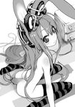  animal_ears bad_id bad_pixiv_id bunny_ears bunny_tail greyscale headphones long_hair monochrome nude original sitting solo striped tail thighhighs unaji 