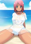  aqua_eyes arm_support beach bikini blush breasts breasts_apart cameltoe day ikujitto large_breasts leaning_back looking_at_viewer ocean one-piece_tan open_mouth original outdoors pink_hair see-through shiny shiny_skin short_hair sitting smile solo spread_legs swimsuit tan tanline wet 