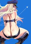  ass back blonde_hair blue_background blue_eyes boots butt_crack choobackers32 from_behind hat long_hair looking_back macross macross_frontier peaked_cap pink_hair sheryl_nome sitting solo suspenders wariza 