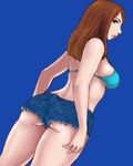  ass back bikini_top blue_background brown_eyes brown_hair copyright_request denim denim_shorts from_behind lips long_hair looking_back lowres matoyama oekaki short_shorts shorts solo 