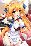  absurdres animal_ears apron ass between_breasts blonde_hair blush breasts cleavage copyright_request covered_nipples food fruit garters green_eyes headdress highres large_breasts long_hair mizuhara_yuu necktie open_mouth scan solo strawberry tail thighhighs very_long_hair waitress 
