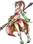  armor artist_request boots braid breasts brown_hair cleavage glaive headband kneehighs large_breasts midriff mismatched_legwear navel polearm seong_mi-na single_braid single_kneehigh single_thighhigh solo soulcalibur soulcalibur_iv thighhighs weapon 