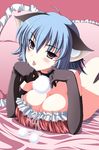  :p animal_ears blue_hair breast_press breasts cat_ears cleavage elbow_gloves frilled_pillow frills gloves haoto_luna large_breasts lying on_stomach original pillow purple_eyes solo tongue tongue_out 