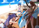  3girls ass back barefoot beach bikini blue_eyes blue_hair brown_hair day denim denim_shorts fang hands k3_(dolphin_brain) little_busters! looking_back miyazawa_kengo multiple_girls natsume_rin nishizono_mio outdoors purple_hair sasasegawa_sasami shorts sunglasses swimsuit twintails 