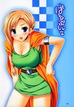  :d belt bianca blonde_hair blue_eyes blush braid breasts cape checkered checkered_background choker cleavage doujinshi dragon_quest dragon_quest_v dress earrings green_skirt hair_over_shoulder hand_on_hip highres jewelry large_breasts long_hair mizuhara_yuu open_mouth scan short_dress single_braid skirt smile solo 