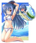  =_= armpits barefoot beach bikini blue_hair blush copyright_request cucumber day high_ponytail imagining long_hair navel one_eye_closed open_mouth ponytail red_eyes shouryouuma side-tie_bikini sweat swimsuit tears torishimo trembling 