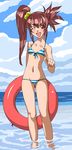  ;d absurdres b-daman bad_id bad_pixiv_id bakukyuu_hit!_crash_b-daman beach bikini blush cloud day fang flat_chest hair_bobbles hair_ornament highres innertube long_hair lowleg lowleg_bikini nakamura_yukitoshi navel ocean one_eye_closed open_mouth outdoors pink_hair pointing red_eyes sendou_nana sky smile solo standing striped striped_bikini swimsuit twintails uneven_twintails wading water 