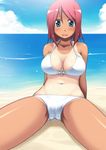  aqua_eyes arm_support beach bikini blush breasts breasts_apart cameltoe day ikujitto large_breasts leaning_back looking_at_viewer ocean one-piece_tan open_mouth original outdoors pink_hair shiny shiny_skin short_hair sitting smile solo spread_legs swimsuit tan tanline 