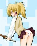  ass bamboo_blade blonde_hair chiba_kirino embarrassed non-web_source panties pantyshot red_eyes school_uniform shinai solo sword underwear weapon 